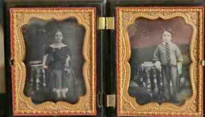 1850'S 1/4TH PLATE DAGUERREOTYPES SIBLINGS GIRL HOLDING BASKET BOY HAT,SEALS