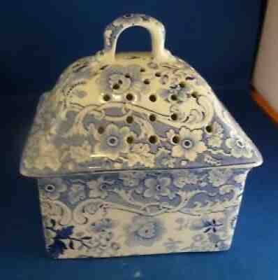 ANTIQUE MINTON BLUE & WHITE BOX PIERCED LID POT 1830 FLORENTINE OPAQUE CHINA (70