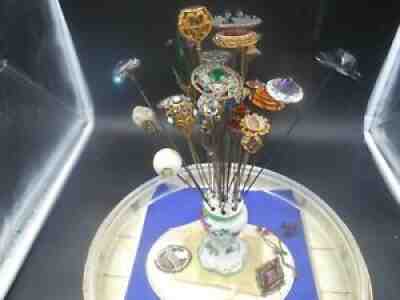 AMAZING COLLECTION OF ANTIQUE HAT PINS & HOLDER + ART DECO PURPLE NECKLACE PIN