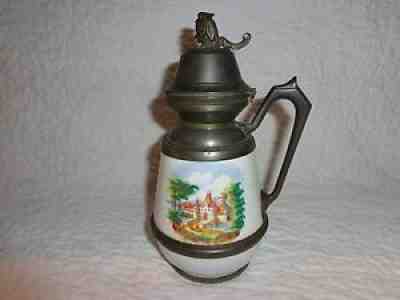 19th.c White Enamel Figural Head Graniteware Syrup Jug, Pewter Lid/Trim, Antique