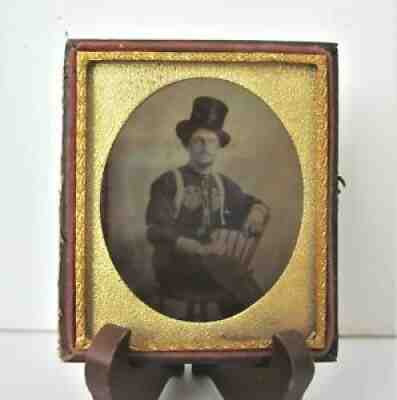 Antique Framed Tintype Portrait- Man Wearing Top Hat, Boots & Elaborate Shirt