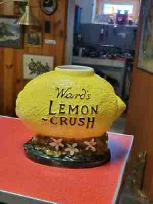 VINTAGE WARDS LEMON CRUSH SODA FOUNTAIN SYRUP DISPENSER BASE ONLY, lid missing