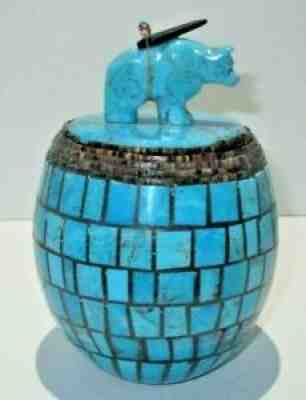 Rare Vintage Zuni Navajo Indian Turquoise Beaded Fetish Bear Jar With Lid