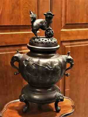 Vintage Large 18"x12" Bronze Urn Foo Dog Lid Birds ? Elephant Handles Heads Feet