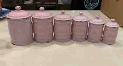 VINTAGE ENAMELWARE 6 PIECE PINK FRENCH CANISTER SET w LIDS Loc & Co Dulse 1940â??s