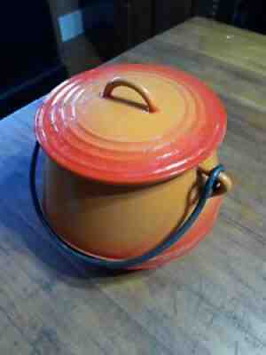 Vintage Le Creuset Flame Orange Enamel Cast Iron Lidded Bean Pot With Handle