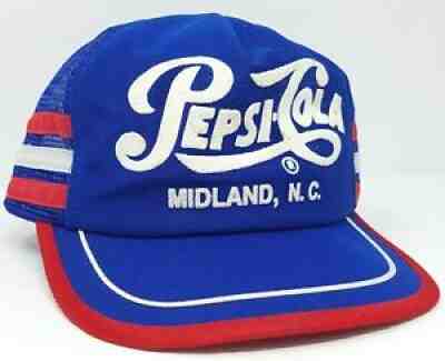 VTG 3 Three Stripe Pepsi Cola Hat Cap Midland North Carolina Trucker Mesh USA