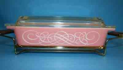 Vintage Pyrex PINK WHITE SCROLL SPACE SAVER #575-B With Lid & Cradle