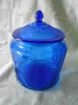 RARE Cobalt Blue Royal Lace Cookie Jar with Lid by Hazel Atlas Depression Glass