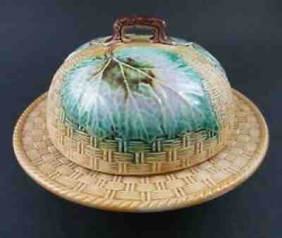 3pc BUTTER DISH - antique Majolica BASKETWEAVE & BEGONIA Leaves - Staffordshire