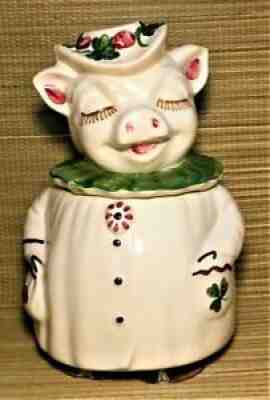 Vintage USA SHAWNEE WINNIE Pig Cookie Jar Green Collar Shamrocks Clover EXCDN