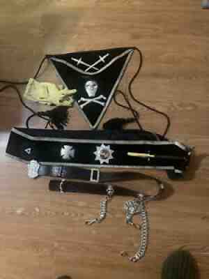 Old Vintage Masonic Knights Templar belt,and Sash Skull. & Cross Bones & 2 Hats