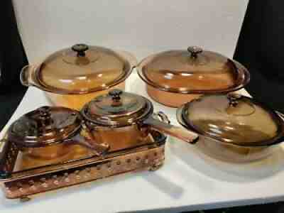 VTG Lot 12 pc Amber Corning Visions Range Top Cookware