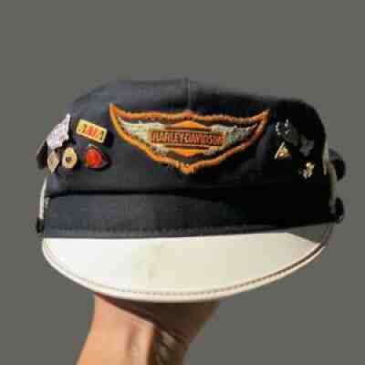 Vtg 1950's Harley Davidson Captains Rider Hat sz 7 1/4 Hat With OG Pins Pepsi