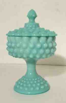 Vintage Fenton Turquoise Milk Glass Hobnail Compote Candy Dish W/ Lid Pedestal