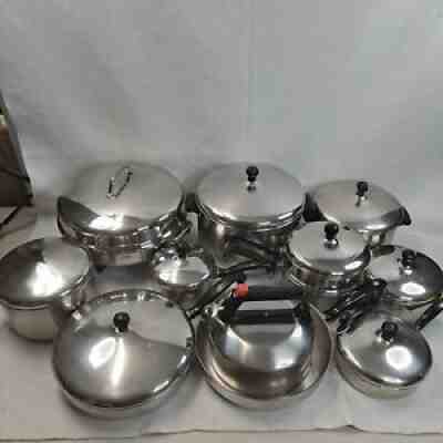 Vtg Farberware Aluminum Clad Stainless Steel Cookware 21Pcs Pots Pans Frying Pan