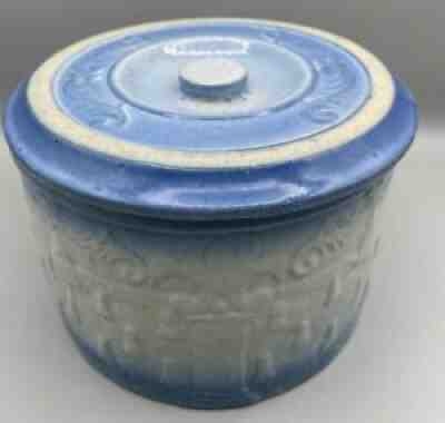 Antique Salt Glaze Stoneware Butter Crock. Embossed Country Scenes. Exc. Cond.