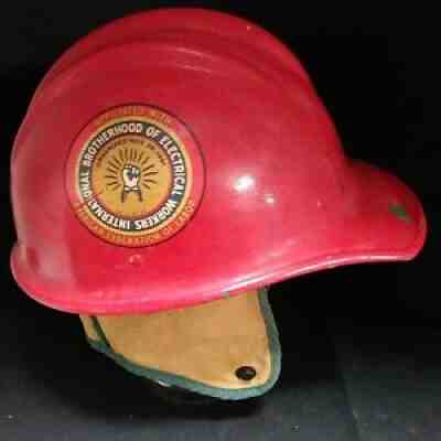 Vtg Bullard IBEW Fiberglass Hard Hat Red Exterior Green Interior w Cloth Liner