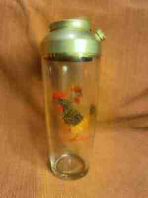 Rare VTG MCM 1940s Red Gold Rooster Glass Cocktail Shaker Silver Lid Drink Mixer