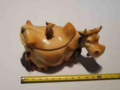 Vintage MCM Brush Mccoy Cookie Jar Cow With Winking Cat On Back USA W10 Rare!
