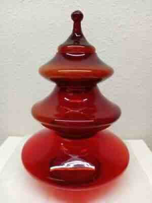 Vintage RED GLASS CANDY DISH 3 TIER CHRISTMAS TREE HOLIDAY APOTHECARY JAR LID