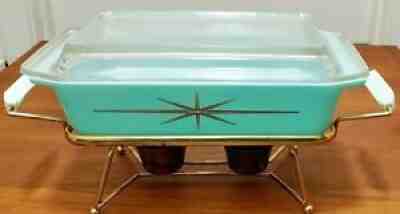 Vintage Pyrex 575-B Starburst Turquoise Casserole w/ 575-C Lid & Warmer/Cradle