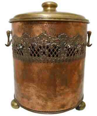 LATE 19TH C VICTORIAN RETICULATED COPPER ASH PAIL W/BRASS LID, ANCHOR HNDLS/FEET