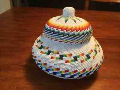 Tohono O'odham Papago Beaded Basket w/ Lid 8â? w 7.5â? High vintage