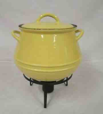 Vintage Descoware Belgium Yellow Bean Pot with Lid & Warmer - Cast Iron Enamel
