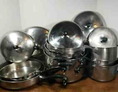 Vintage FARBERWARE Aluminum Clad Stainless Steel 13 Piece Pans Pots Skillets Set