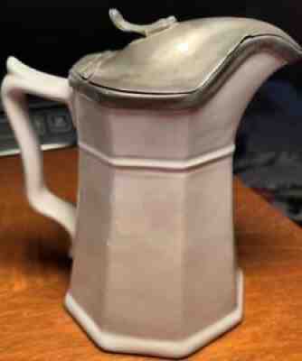 Antique ironstone china pitcher with pewter lid