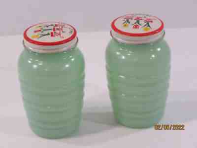 VINTAGE FIREKING ANCHOR HOCKING JADEITE JADITE SALT & PEPPER SHAKERS TULIP LIDS