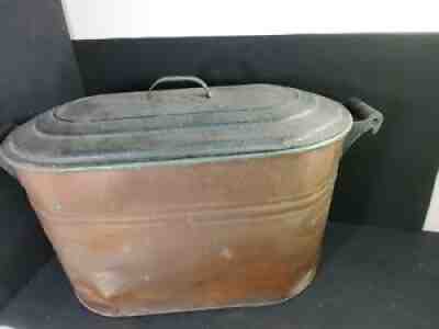Large Vintage Antique Primitive Copper Boiler Wash Tub Pot Lid Wood Handles Rare