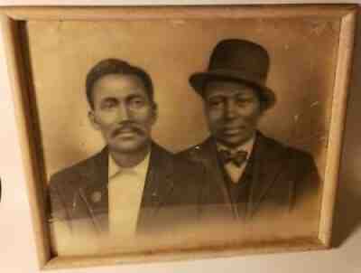 c. 1895 CRAYON PORTRAIT OF 2 MEN HISPANIC & AFRICAN AMERICAN DAPPER GENT w/ HAT