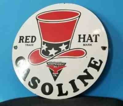 VINTAGE RED HAT GASOLINE PORCELAIN GAS INDEPENDANT OIL SERVICE STATION PUMP SIGN