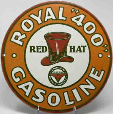 VINTAGE RED HAT GASOLINE PORCELAIN SIGN GENERAL STORE GAS STATION MOTOR OIL PUMP