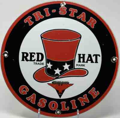 VINTAGE RED HAT GASOLINE PORCELAIN SIGN GAS STATION PUMP MOTOR OIL SERVICE