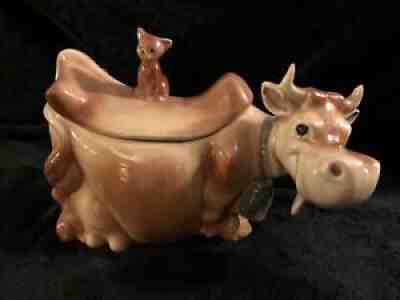 Vintage MCM Cookie Jar Cow With Winking Cat On Back HARD TO FIND!