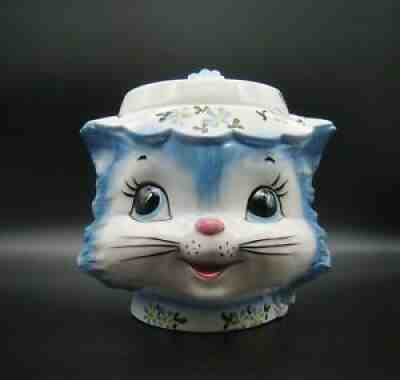 Vintage Lefton Blue Kitty Cat Miss Priss Ceramic Cookie Jar Japan 1502 with Lid