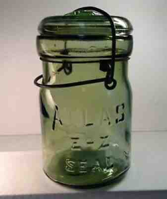 Vintage Green Atlas E-Z Seal Pint Canning Jar Wire Bale Glass Lid #3