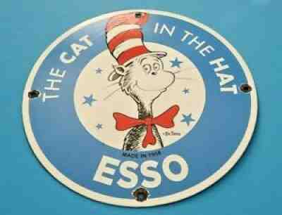 VINTAGE ESSO GASOLINE PORCELAIN CAT IN THE HAT SERVICE STATION PUMP PLATE SIGN