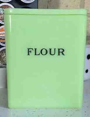 Jeanette Jadite Glass Square FLOUR Canister w/Poinsettia Floral Lid 48oz