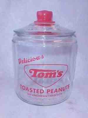 Vintage N.O.S. Tom's Peanut 1st. Red Jar w/ red Lid, Lance Gordon's Store