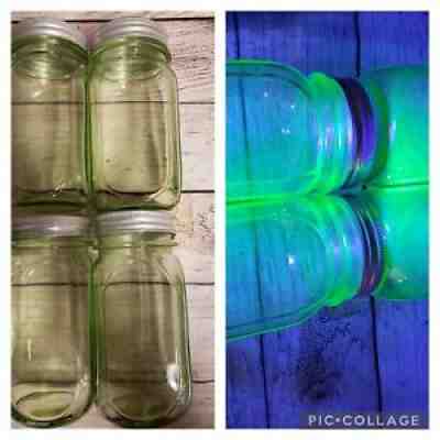 VTG LOT OF (4) 6" URANIUM VASELINE PINT GLASS JAR W LID CANNING STORAGE HOOSIER