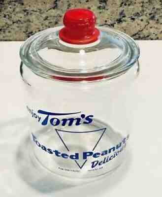 Vintage Tomâ??s Toasted Peanuts Clear Glass Counter Jar w/ Red Knob Lid EUC! LOOK!