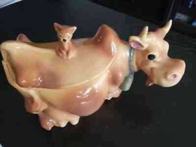 Vintage MCM Brush Mccoy Cookie Jar Cow With Winking Cat On Back USA W10 Rare!