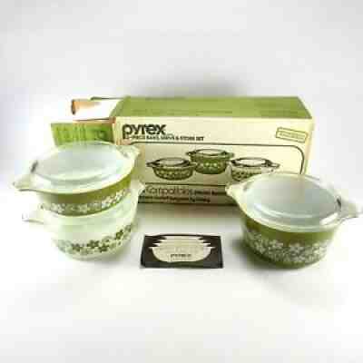 Vtg 470-1 PYREX Spring Blossom Green Crazy Daisy Bake Serve Store Set Box & Lids