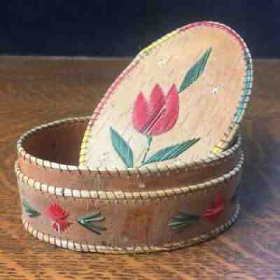 Antique Vintage Sweetgrass Birch Bark Porcupine Quill TULIP Container Bowl w Lid