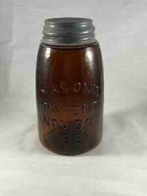 Vintag e AMBER MASONâ??S PATENT NOV. 30TH 1858 MIDGET FRUIT JAR With Cross On Lid