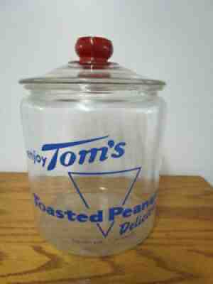 Vintage enjoy Toms Toasted Peanuts Glass Jar w/Lid & Toms Embossed Handle